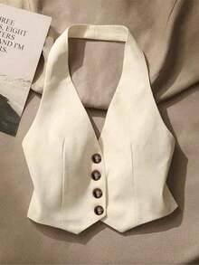 1 Piece Apricot Halter Neck Front Open Camisole, Sexy Chic Layering Cropped Tank For Women, Perfect For Party, Vacation And Date Night - 杏色 - 查看 1