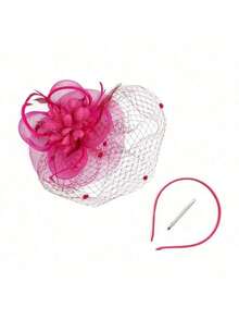 Women's Headpiece Hat - 50s 60s Style Floral Mesh Ribbon Feather Headband With Clip, Elegant For Tea Party, Kentucky Derby Or Wedding, Special Occasion Hat | Vintage Style Hat | Feather Decorated Hat, Back To School, Halloween - 62129 Rose Red - View 2