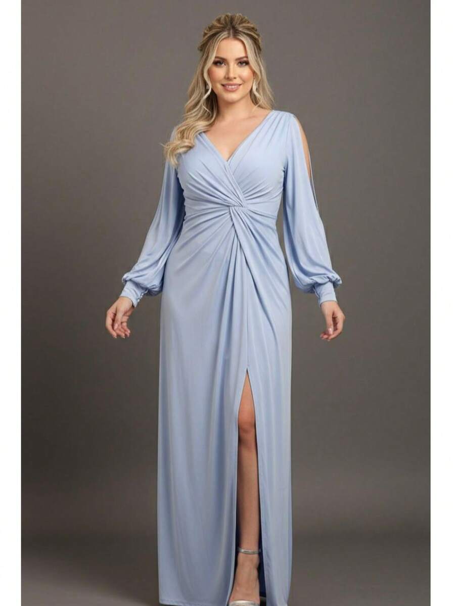 Bridesmaid Dress For Party Guests Reception Graduation Without Shine, Long Sleeves, Openwork In Fluity With Slit - sự thanh thản màu xanh - Xem 1