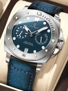 POEDAGAR ساعة يد رجالية كاجوال بإطار دوار وتاريخ بعقارب الثواني، بسوار من النايلون والجلد، مقاومة للماء وبوظيفة إضاءة، ساعة فاخرة للاستخدام اليومي، هدية مثالية للرجال - الأزرق - مشاهدة 2