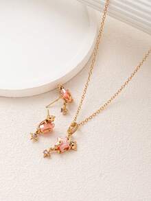 1pc Fashion Faux Pearl Pink Zirconia Sea Star Earring Necklace, Electroplated 18k Gold, Showcasing Female Charm, Suitable For Women's Daily Leisure, Social And Banquet Dress, Talisman Earring Necklace, Women's Jewelry Earring Necklace Wearing. Can Be Given As A Gift To Mothers, Wives, And Girlfriends. - Multicolor - View 6