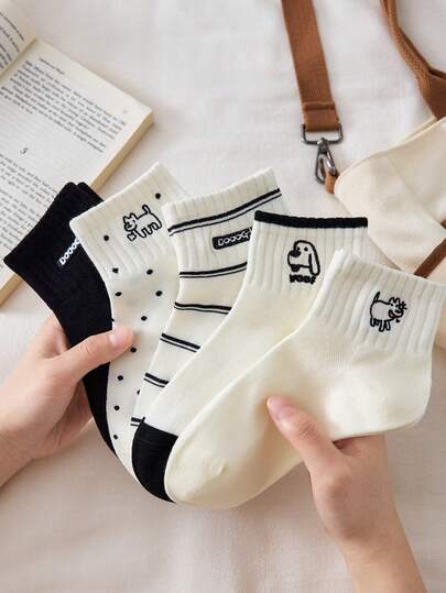 5 Pairs Women's Cute Breathable Dog Pattern Invisible Ankle Socks/Mid-Calf Socks, Comfortable Soft, White/Black, Suitable For Casual Daily Wear, Autumn/Winter
