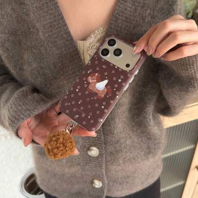 极简半封闭双层棕色底波点星形翅膀小马绒球吊坠手机壳，兼容苹果17 Pro Max、16 Pro Max、15 Pro、14、13，可爱时尚，适合女生