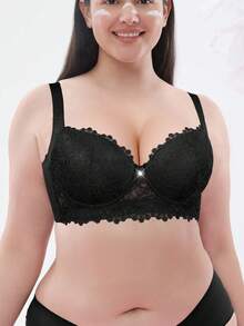 Plus Size Women Lace Padded Push Up Bra - Anti-Sagging, Minimalist & Skin-Friendly, Comfortable & Sexy, Holiday Gift - Black - View 6
