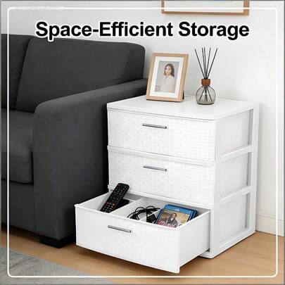 3 Drawer White Wide Weave Storage Unit - Plastic Drawers With Pull Handles - A Stylish Addition To Your Bathroom Or Bedroom!