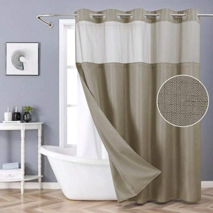 Cortina de ducha  larga sin gancho con forro de tela a presión cortinas de ducha de tela texturizada para baño cortina de ducha moderna estilo hotel repelente al agua y lavable 71 x - 180,3An x 218,4Al cm (1 Panel) + Caqui - Ver 1