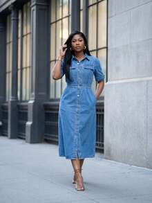 Women's High Waisted Denim Shirt Dress - Short Sleeve Button Front Midi Dress Soho Minimalist Aesthetic - Rửa trung bình - Xem 4