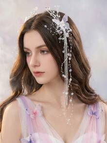 1个/2个装 女士时尚优雅透明白色蝴蝶流苏水晶珍珠发夹，适合日常佩戴、婚礼、派对，可搭配马尾辫 - 彩色 - 查看 1