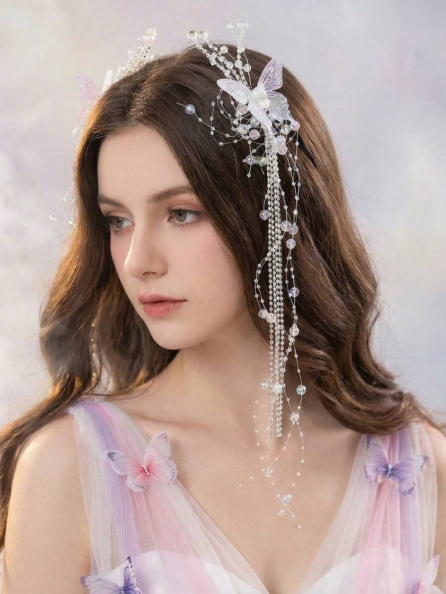 1个/2个装 女士时尚优雅透明白色蝴蝶流苏水晶珍珠发夹，适合日常佩戴、婚礼、派对，可搭配马尾辫 - 彩色 - 查看 1