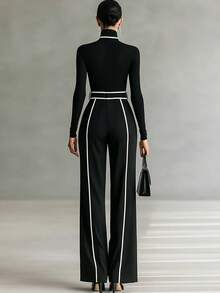 Women's Casual Business Black & White Contrast Pocket Loose Wide Leg Pants - Black - View 10