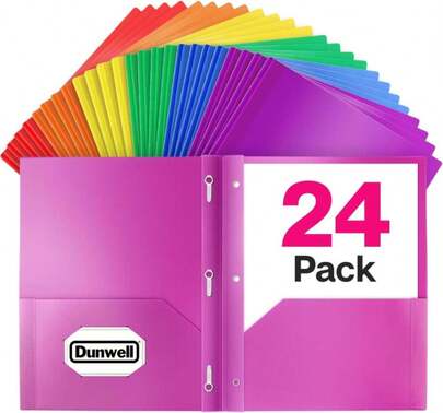 Dunwell Plastic 2 Pocket Folders With 3 Prongs, (24 Pack, Assorted Colors), Bulk 3-Clasp Folders With Fasteners, Tear-Resistant, Long Lasting Acid-Free Poly, Includes Labels