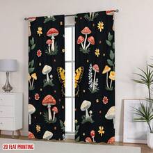 Blackout Curtains - Whimsical Mushroom & Floral Print On Black Background, Machine Washable Rod Pocket Drapes For Bedroom, Living Room, Kitchen, Balcony - Contemporary Home Decor, Natureinspired Design,  Peach Skin Curtains, Single-Sided Printed, Polyester Material, Easy To Clean And Maintain, Soft And Comfortable, Perfect For Living Room, Bedroom, Balcony, Study Room, Kitchen, Rod Pocket Curtains, Enhance The Sense Of Happiness At Home, Perfect For Christmas, Halloween, And Thanksgiving Decorations(Rod Not Included) - 款式 18(2 片) - 查看 5