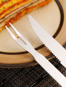 2pcs Stainless Steel Barbecue Knife And Fork Set, Flat Handle And Extended Handle Meat Carving Knife And Fork - Silver - View 5