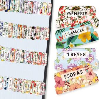 75 szt. hiszpańskich etykiet biblijnych, motyw kwiatowy, hiszpańskie laminowane etykiety biblijne, etykiety biblijne, hiszpańskie etykiety biblijne, hiszpańskie etykiety do książek biblijnych, hiszpańskie etykiety do książek