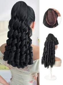 20 Inch Black Deep Wave Curly Synthetic Hair Extension, Drawstring Ponytail Clip-In, Suitable For Women Party And Daily Wear - Multicolor - View 12