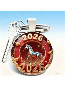 3pcs 2026 Year Of The Horse Metal Keychain - Glass Round Number Tag Scratch-Resistant Car Key Chain Backpack Keyring, Housewarming New Year Animal Sign Gift