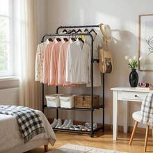 LIVINGANDHOME Living And Home  Sturdy Metal Clothes Rack Double Rod Design With Side Bars Hooks For Garments Towels Bags Storage Holiday - 黑色 - 查看 4