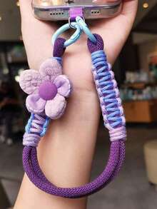 1pc Floral Braided Wrist Strap, Short Wristlet Phone Lanyard With Dopamine Flower Decor, Comfortable Cotton Rope, Soft Hanging Accessory For Phone Case, Anti-Lost, Elegant Bracelet With Clip - Multicolor - View 6