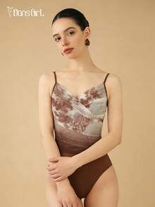 DonsGirl 女士芭蕾舞紧身衣 - 性感印花网纱荷叶边V领细肩带，法式优雅浪漫连体衣 | 全衬里和可拆卸胸垫 - 咖啡棕 - 查看 7