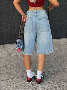 Quần short denim rách màu xanh nhạt kiểu cổ điển dành cho nữ, quần short ống đứng rộng rãi dài đến giữa đùi, có túi lớn, thích hợp cho mùa xuân/hè. - Màu xanh nhạt - Xem 5