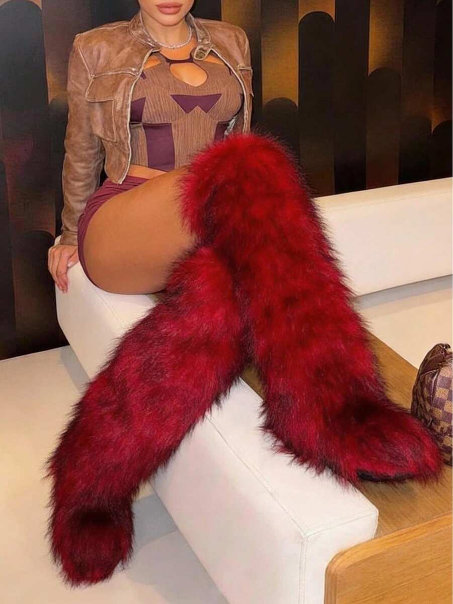 Women's Winter Furry Snow Boots Fuzzy Fluffy Round Toe Suede Booties Flat Heel Slip On Outdoor Indoor Shoes Fashion Warm Fluffy Shoes - 過膝紅色 - 查看 1