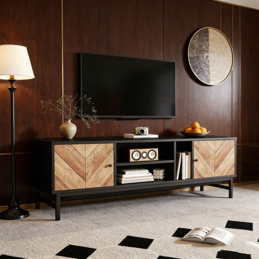 Television Stands & Entertainment Centers - Black+Natural + Iron + Particle Board + 39 Inches Or Less + 39 Inches Or Less - View 1