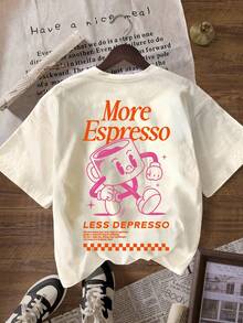 More Espresso Coffee Club Graphic Loose Round Neck Short Sleeve T-Shirt For Women, Casual Summer - 杏色 - 查看 3
