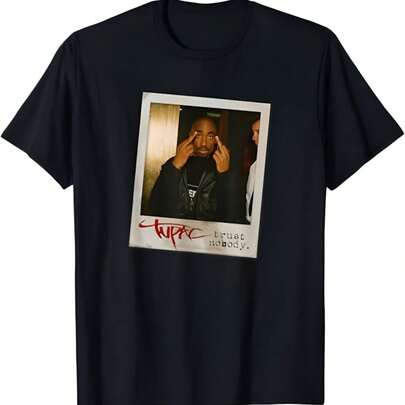 TUPACs SHAKURs Trusts Nobody Photo T-Shirt, Unisex-Adult, Black, Small, Short Sleeve