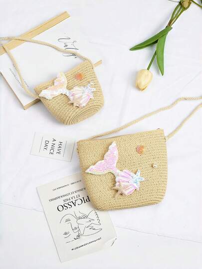 1pc Mermaid Themed Kids Crossbody Bag, Girls Princess One Shoulder Pouch, Coin Purse, Straw Bag