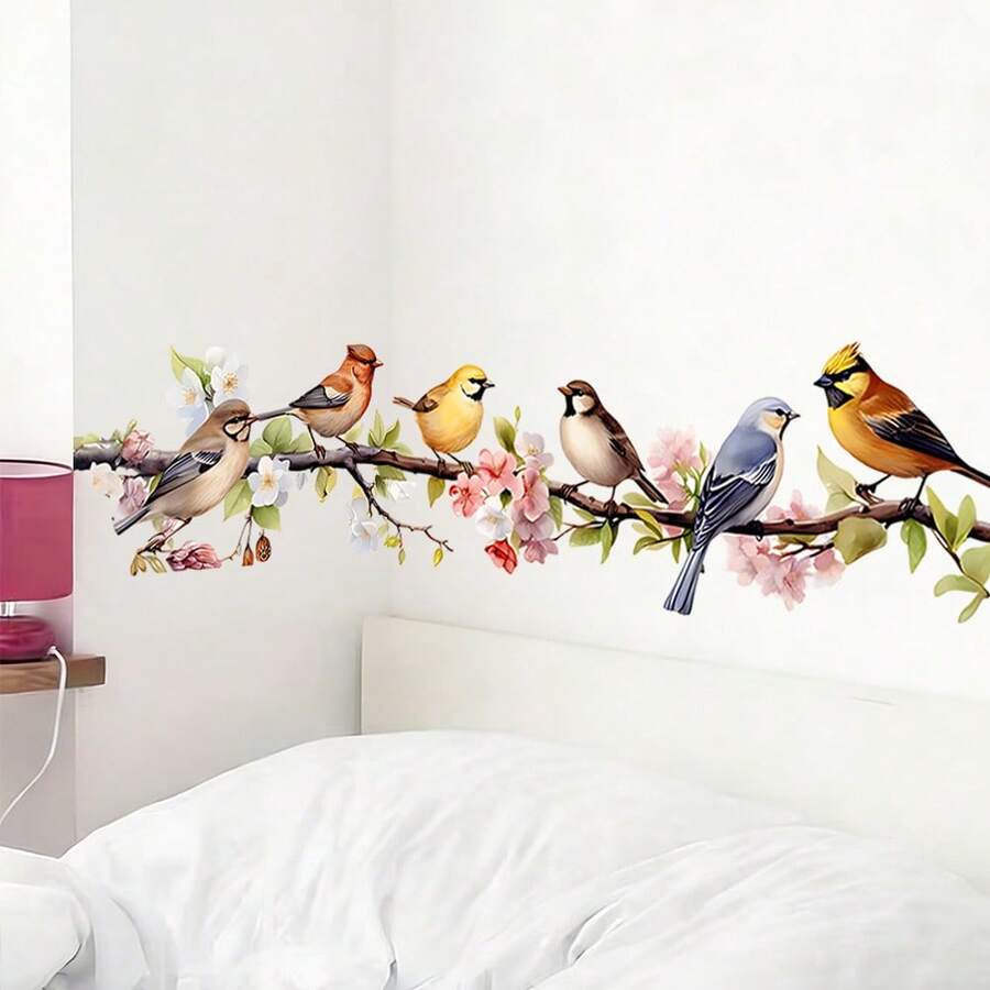 1/2 pezzi Adesivi murali con uccelli colorati su ramo d'albero e fiori, decalcomanie da parete rimovibili e impermeabili, decorazione artistica murale per camera da letto, soggiorno, divano, cucina, primavera, accessori per la casa, fai da te, carta da parati in PVC - Multicolore - Visualizzare 1