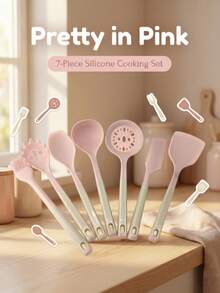 7件/6件套高品质粉色硅胶厨具套装，包含锅铲、汤勺、滤网和刷子。采用无异味硅胶材质，配有舒适的粉白渐变手柄。耐刮擦、不粘、耐热，适用于各种烹饪场景。必备厨房用具套装。 - 彩色 - 查看 9
