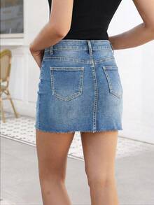 女士休闲做旧牛仔迷你裙，带口袋，中等弹力，直筒版型，夏季款 - 藍色 - 查看 2