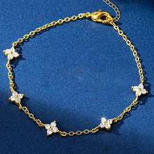 1pc Women's Bracelet, Bohemian Tassel Style, Copper Inlaid Zirconia Four-Leaf Clover Flower Bracelet, Daily Accessory Gift - Yellow Gold - View 9