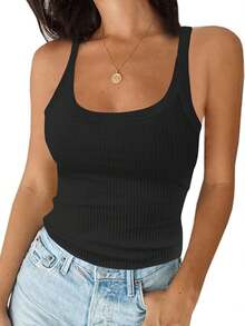 Womens Ribbed Tank Tops Knit Scoop Neck Sleeveless Fitted Basic Cami Tee Shirts - Black - View 2