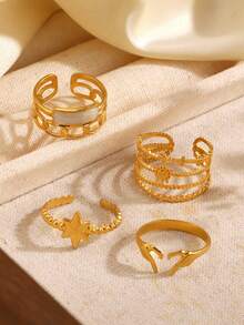 4pcs 18K Gold Plated Stainless Steel Vintage Geometric Star, Sun, Heart, Oval Rings Set, Elegant Fashion Jewelry Gift For Women, Suitable For Daily, Holiday, Party, Date Occasions - Multicolor - View 2