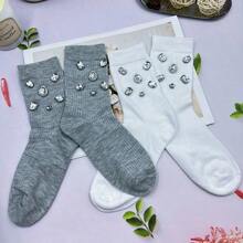 1/2/3/4 Pairs Women Solid Color Rhinestone Decorated Mid-Calf Socks, Sparkling Rhinestone Decorated Socks - Comfortable, Fashionable, Soft, Stretchy, Suitable For All Seasons, Perfect For Women's Daily Wear, Dates, Parties, And An Ideal Gift For Women, Christmas, Valentine's Day, Mother's Day - Multicolor - View 8