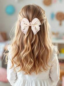 2个白色丝带蝴蝶结发夹，仿珍珠和水钻发夹，花朵印花发卡，适合女孩儿童日常佩戴，可作礼物 - 白色 - 查看 2