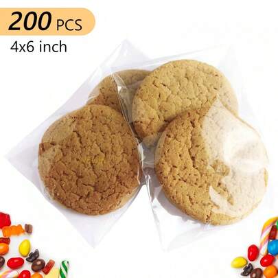 200个透明玻璃纸袋，4 x 6英寸，自粘饼干/零食袋，塑料包装袋，适用于派对饼干和小礼品