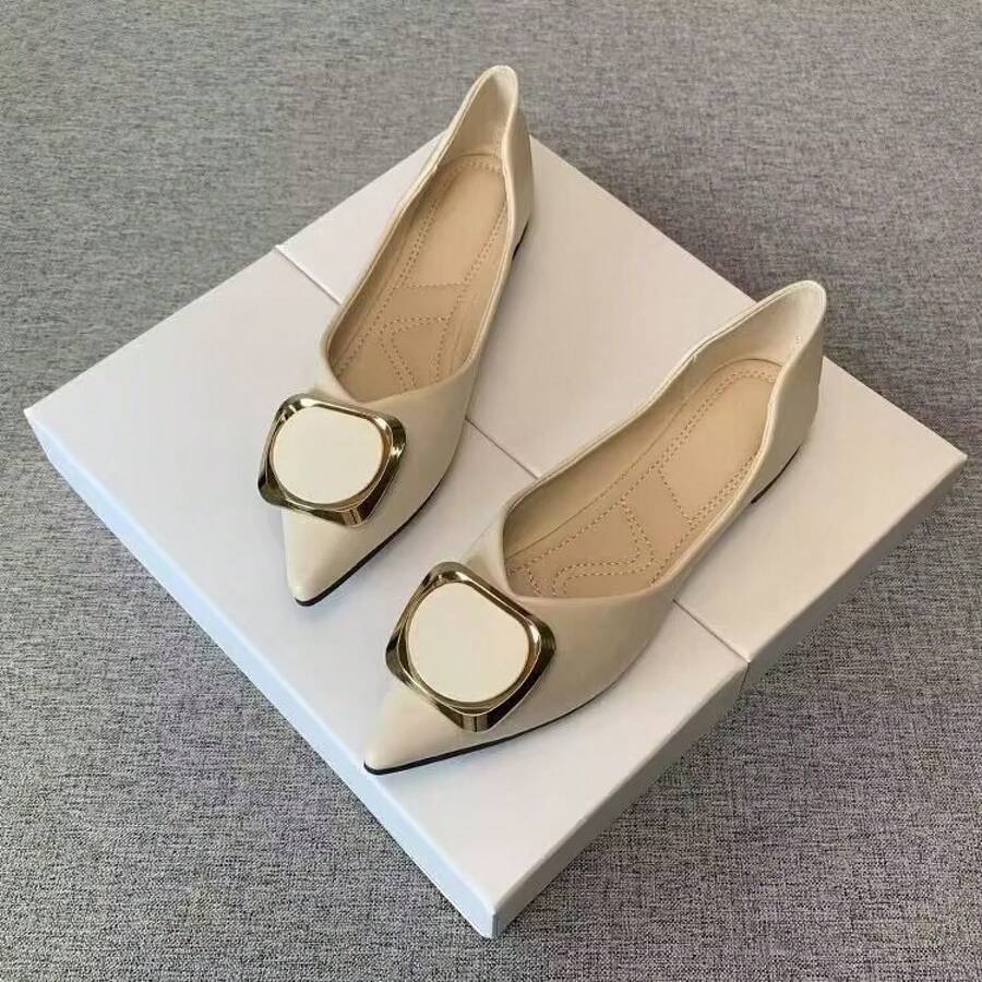 Zapatos de moda de boca poco profunda con punta afilada para mujeres, nuevos mocasines versátiles de cuero suave y suela blanda para primavera y otoño 2025 - Blanco - Ver 1