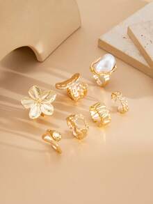 7pcs/Set Bohemian Geometric Faux Pearl Asymmetrical Hollow Ruffle Flower Fashion Open Ring Set, Luxurious Everyday Versatile Jewelry Gift For Women - Ring - View 10