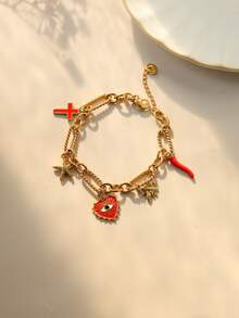 1PC Stylish Eye Starfish Cross Bee Chili Multi-Pendant Stainless Steel Gold Bracelet, Elegant Handmade Jewelry, Perfect For Girls - Exquisite Design, Adjustable Length, Perfect Gift - Gold - View 3