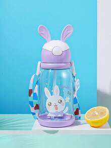 1个600毫升兔耳朵造型水杯，儿童学习吸管杯，学生兔子杯，可爱卡通瓶盖水杯，带挂绳 - 彩色 - 查看 9