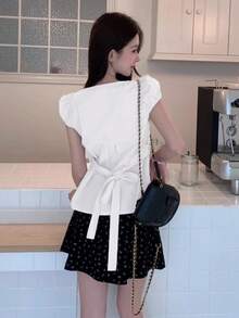 Áo sơ mi nữ tay phồng buộc dây, cài một hàng khuy, dáng ôm, mỏng nhẹ, thích hợp mặc mùa hè, xuân, màu trắng. - trắng - Xem 2