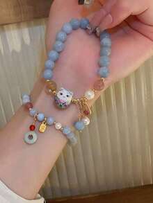 1 Piece Of Blue Crystal Ceramic Cat Pendant, Round Brand Bracelet, Cartoon Bracelet, Simple And Versatile Bracelet For Women,Pearl Lucky Cat Bracelet,Beaded Bracelets,Bracelets For Women. - Nhiều màu - Xem 5