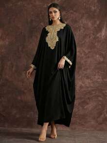 AmazingHoney 优雅奶油色卡夫坦长袍，饰有金色刺绣细节，蝙蝠袖，派对阿巴雅长袍，卡夫坦长袍，阿巴雅长袍（宽松版型 - 请查看尺码表） - 黑色 - 查看 4