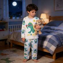 TendenciaConjunto De Pijama Infantil Dinosaurio, Manga Larga 2 Piezas Verde MCalidad premium