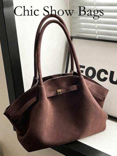 1pc FEISTURE Faux Suede Tote Bag, Large Capacity Solid Color Mature Elegant Ladies Handbag, Retro Style Work Bag, Suitable For Girls, Women, College Students, Office Workers