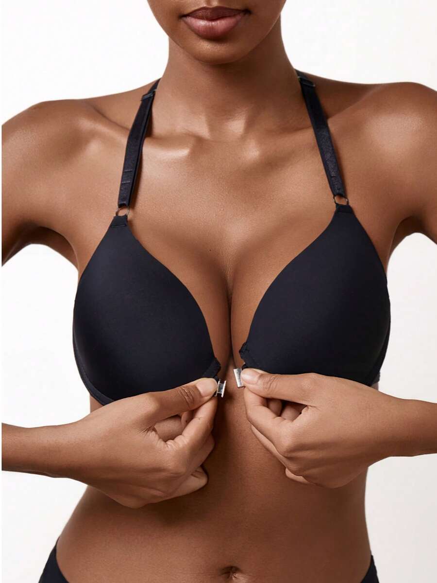 Sujetador con cierre delantero y aros - Push Up, diseño cómodo de espalda de tirantes - Negro - Ver 1