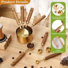 8Pcs Measuring Cups And Spoons Set - Golden Stainless Steel Measuring Cups With Wooden Handle, Metal Measuring Spoons Set Nesting Kitchen Measure Set For Kitchen/Food/Baking - 金色 - 查看 2