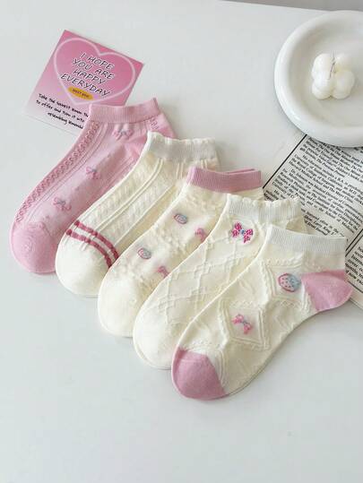 5 pares de calcetines de tobillo para mujer blancos y rosas, con diseño de lazo y fresa, transpirables y lindos, adecuados para uso diario y actividades al aire libre